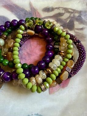 Boho Beaded Bracelet Stack • Gemstone Mix • Purple Green Gold Tones
